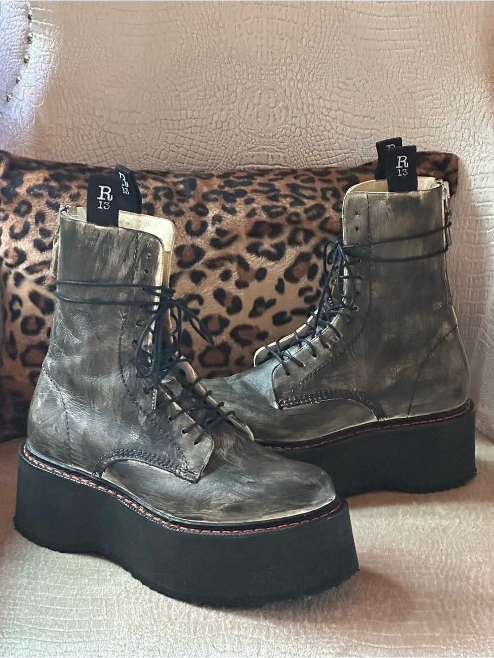 R13 Women's Metallic Distressed Double Platform Combat Boot - Grey